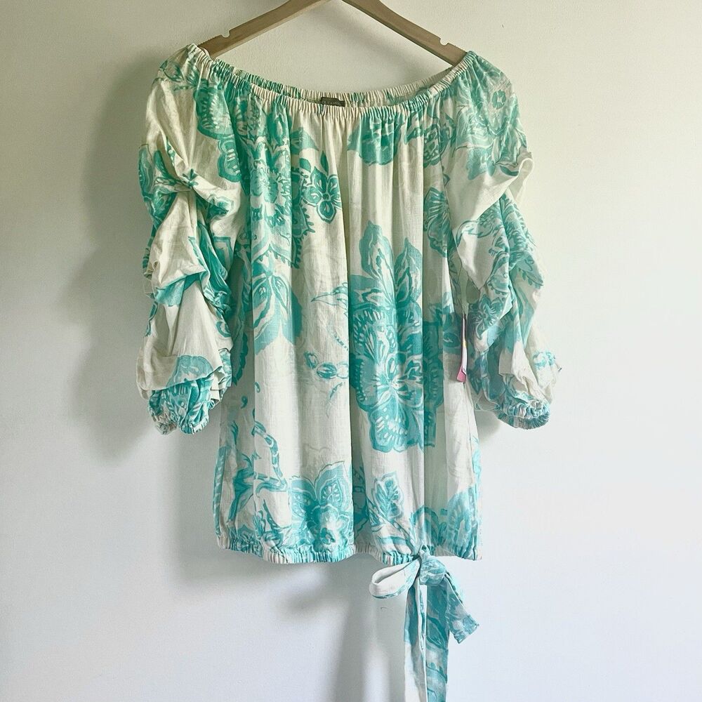 NWT Vince Camuto Linen Blend Off Shoulder Bubble Sleeve Top Blue Floral Size M